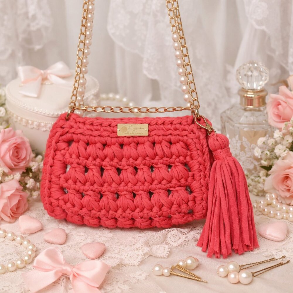 Coquette pinup girl grunge distressed pink crochet style woven tassle bag purse